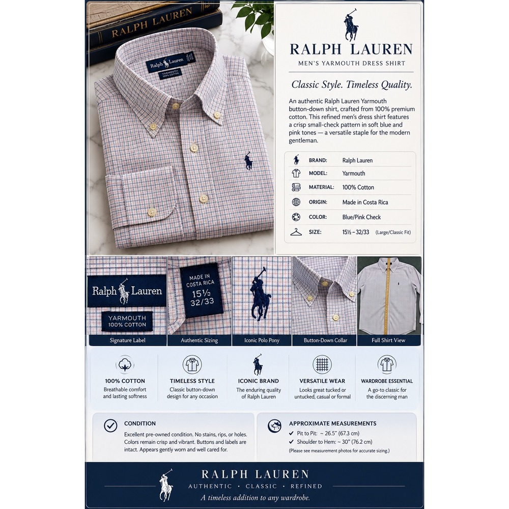 Ralph Lauren Yarmouth Mens Dress Shirt 15.5 32/33 Blue Pink Check Cotton L/S